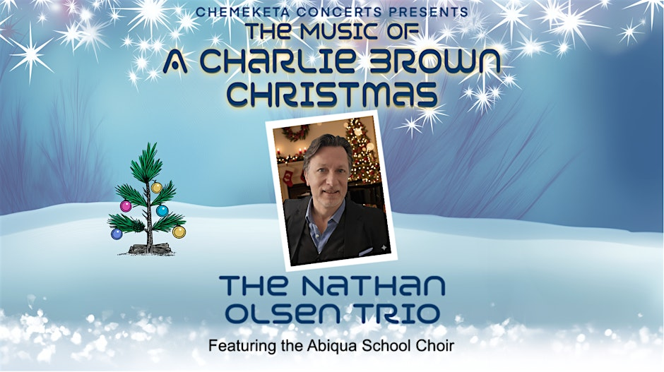 A promotional image for A Charlie Brown Christmas with a headshot image of Nathan Olsen in the center.