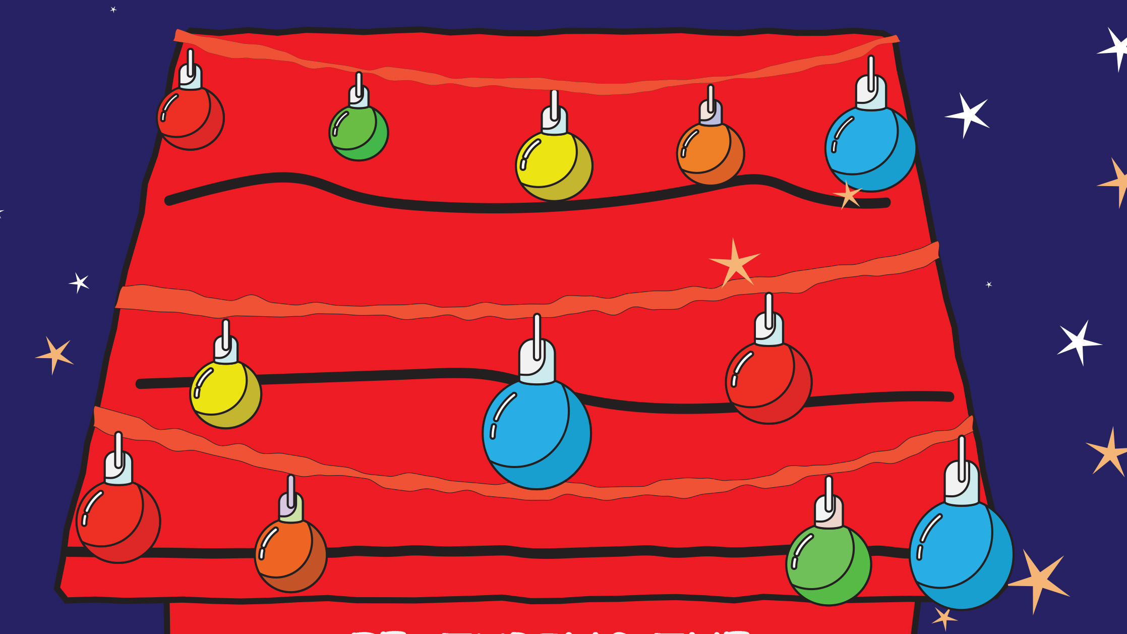 A zoom-in on a drawing of the top of a red doghouse with Christmas decorations